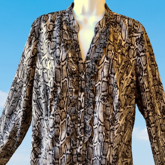 212 Collection Button Up Blouse Reptile Print Ruffles Long Sleeves - Picture 3 of 13